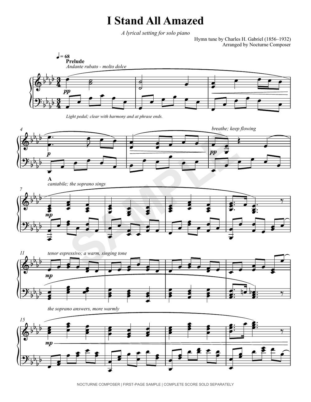 First-page sample of I Stand All Amazed, showing the tender opening and rolling left-hand arpeggios
