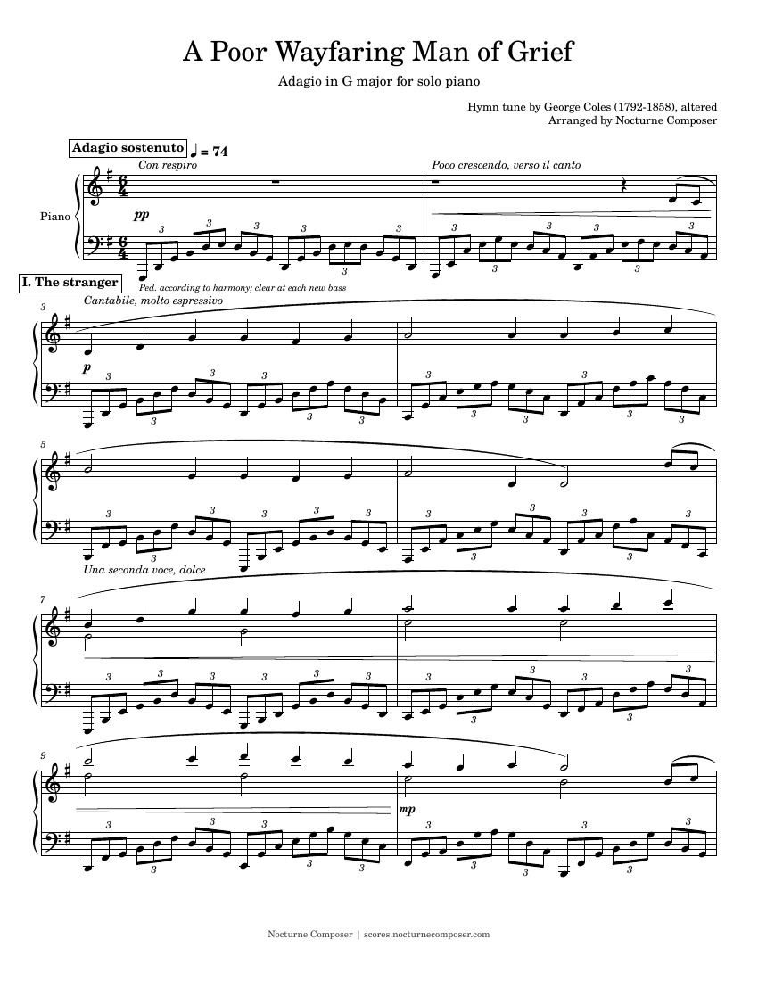 First-page sample of A Poor Wayfaring Man of Grief for solo piano